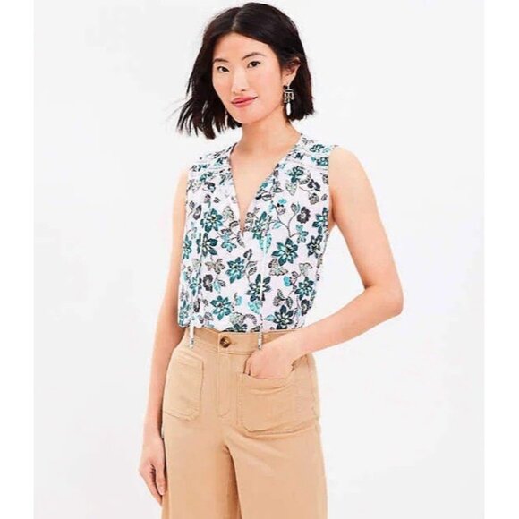 Loft Wome's Hibiscus Tie Neck Mixed Media Shell Tank Blouse Size Large NWT - Picture 1 of 11